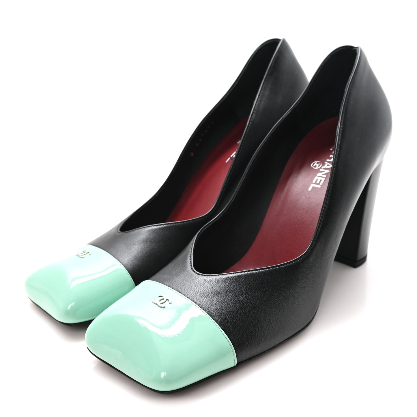 Lambskin Patent Calfskin Cap Toe Pumps 40 Black Green