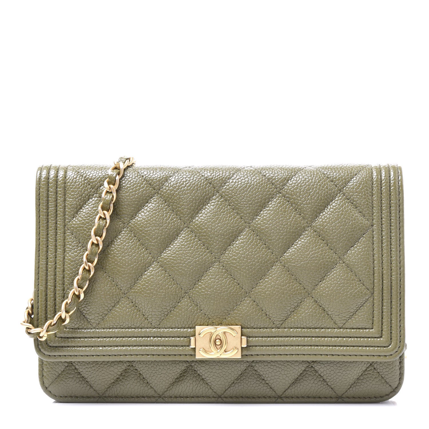 Chanel Caviar Quilted Boy Wallet On Chain WOC Khaki 1 of 9