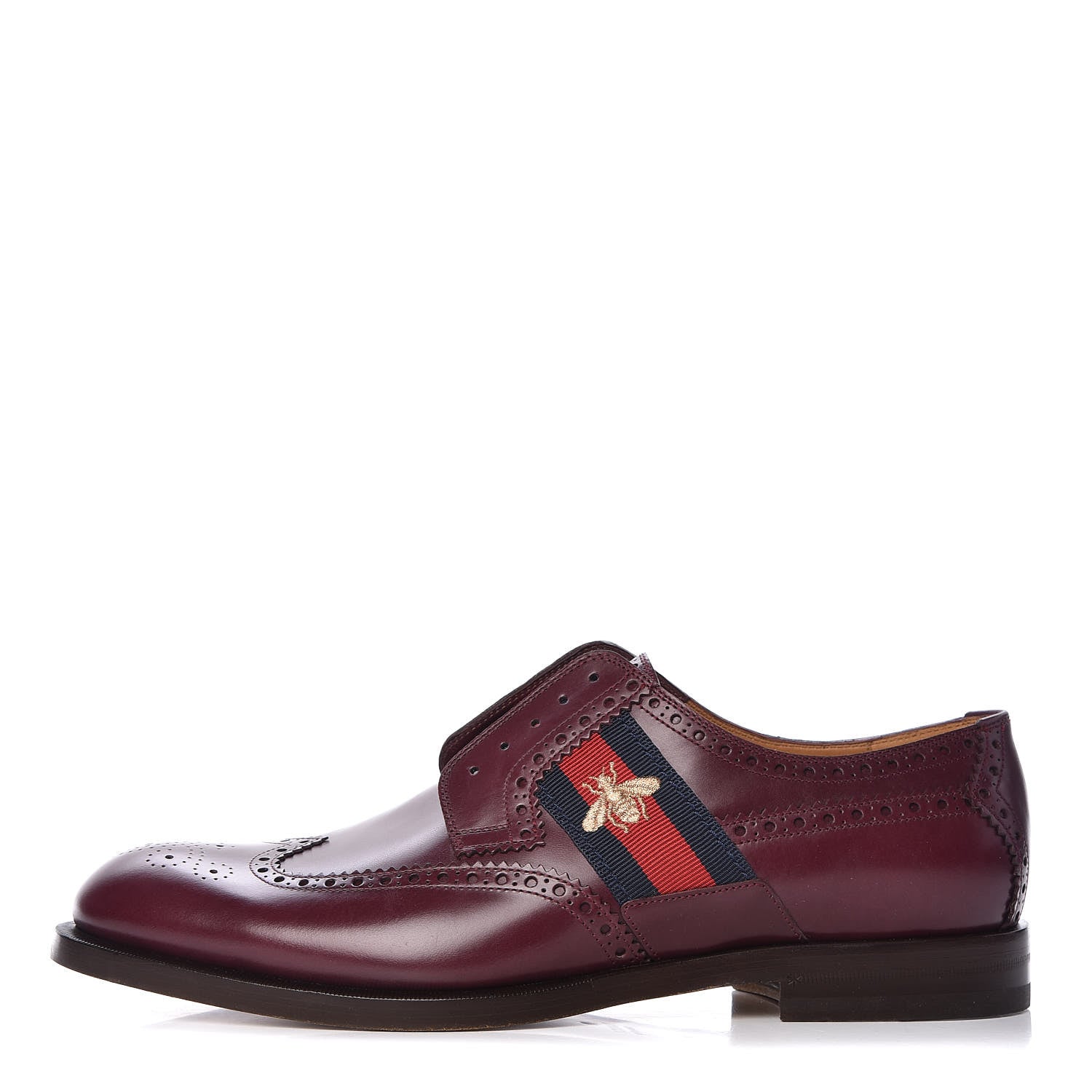 Gucci Calfskin Web Bee Embroidered Mens Slip-On Brogue Wingtip Derby Shoes 11 Bordeaux 1 of 11