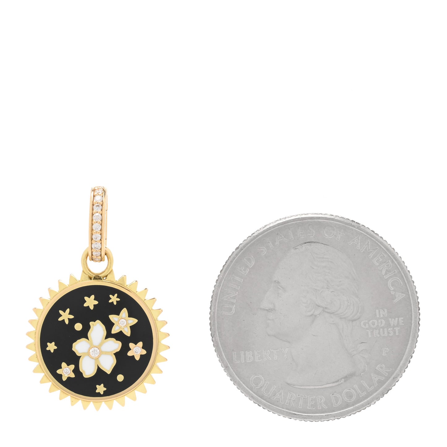 18K Yellow Gold Diamond Enamel Petite Champleve Resilience Medallion Pendant Black White