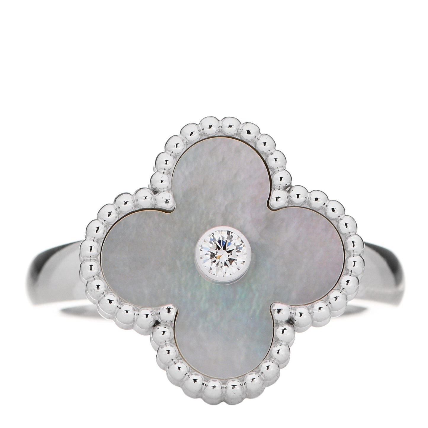 18K White Gold Diamond Mother of Pearl Vintage Alhambra Ring 52 6