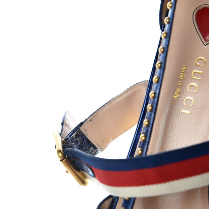 Gucci Metallic Nappa Silk Grosgrain Studded Sylvie Web Bamboo Low Heel Pumps 36.5 Sapphire 13 of 13