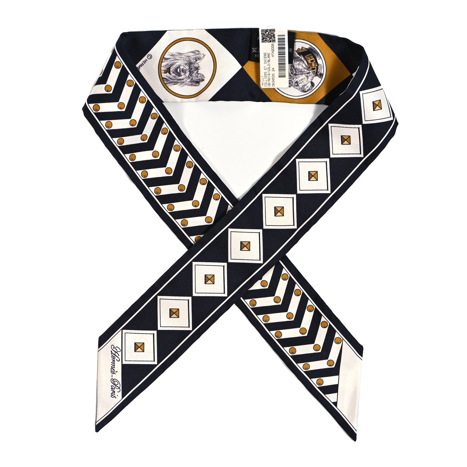 Hermes Silk Colliers Et Chiens Twilly Black Gold White 1 of 4