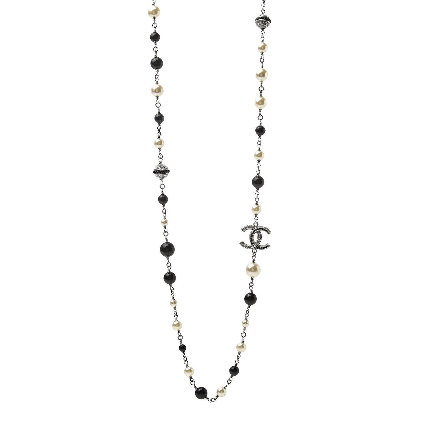 Pearl Beaded Crystal CC Long Necklace Black Silver