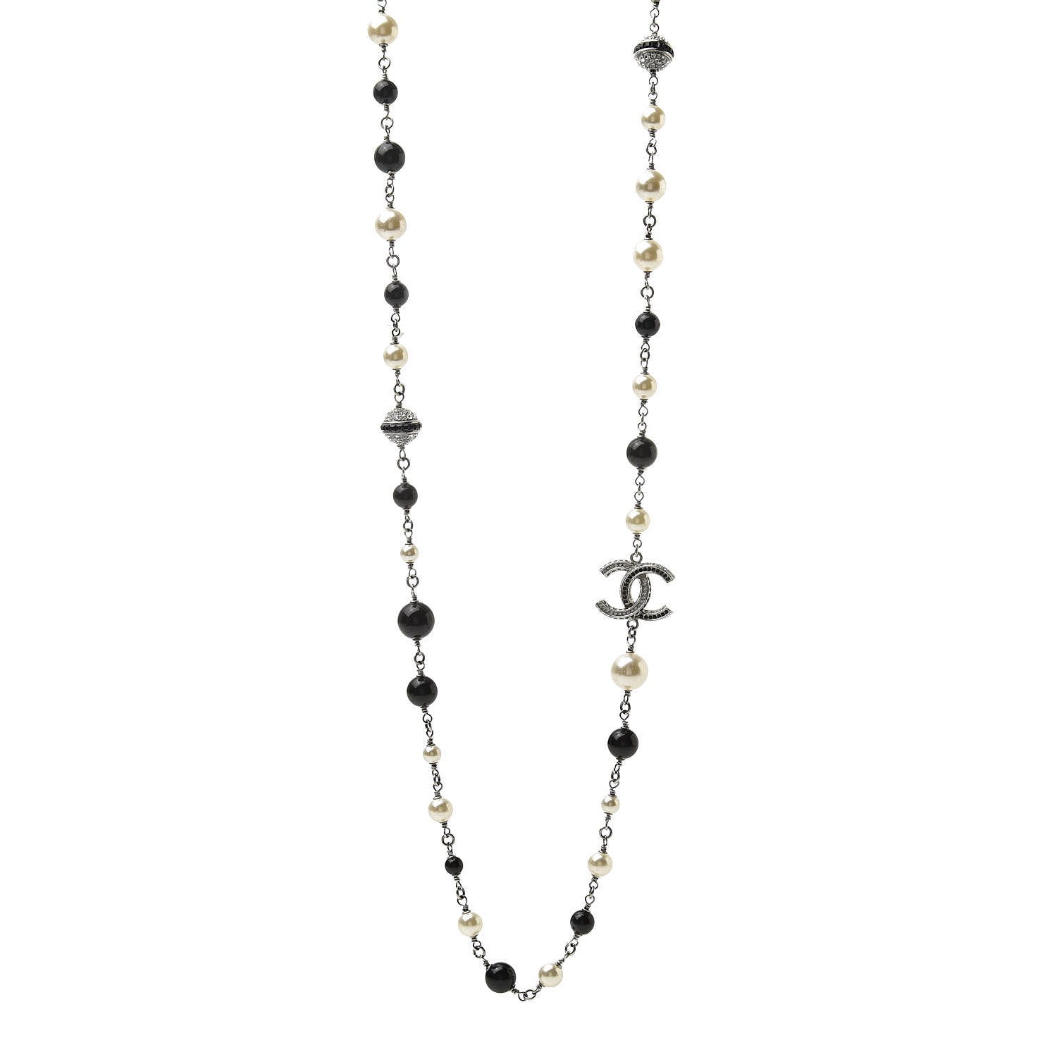 Chanel Pearl Beaded Crystal CC Long Necklace Black Silver 1 of 7