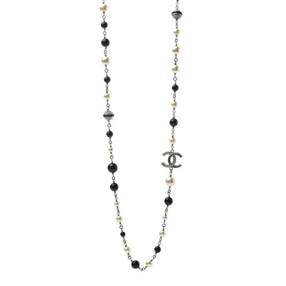 Chanel Pearl Beaded Crystal CC Long Necklace Black Silver 1 of 7