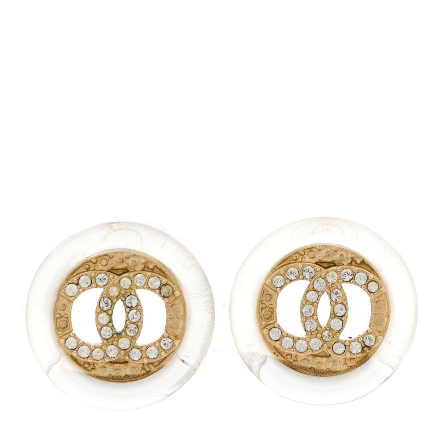Resin Crystal CC Button Earrings Gold