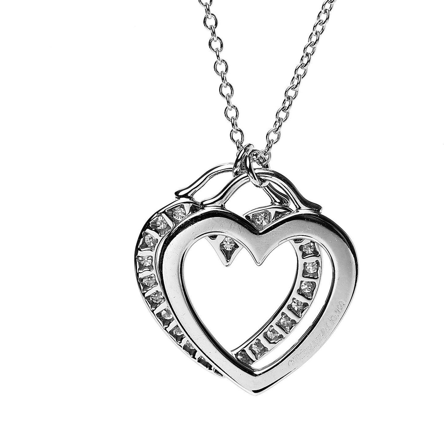 18K White Gold Diamond Double Heart Pendant Necklace
