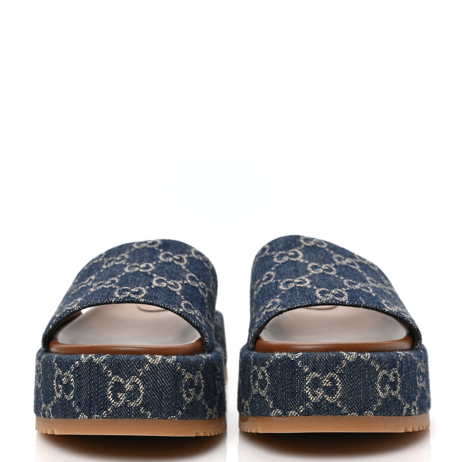 Gucci Jacquard Black Denim GG Monogram Angelina Platform 55mm Slide Sandals 38 Blue Tea Cuir 2 of 9
