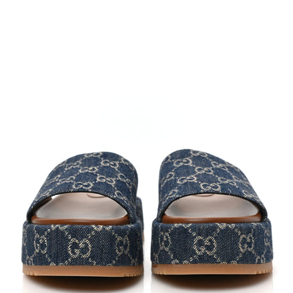 Gucci Jacquard Black Denim GG Monogram Angelina Platform 55mm Slide Sandals 38 Blue Tea Cuir 2 of 9