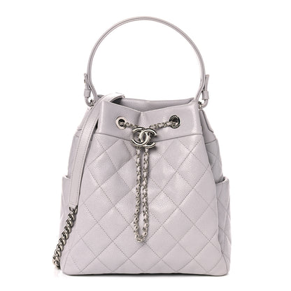 Chanel Caviar Flat Quilted CC Chain Bucket Drawstring Bag Light Grey 1 of 10