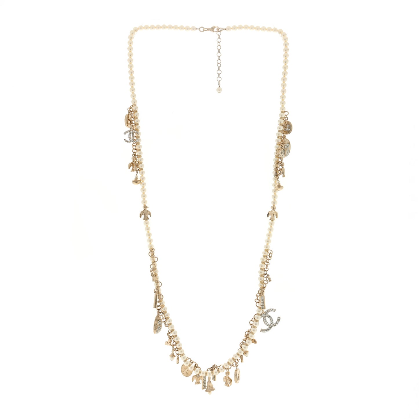 Crystal Pearl CC Long Necklace Gold