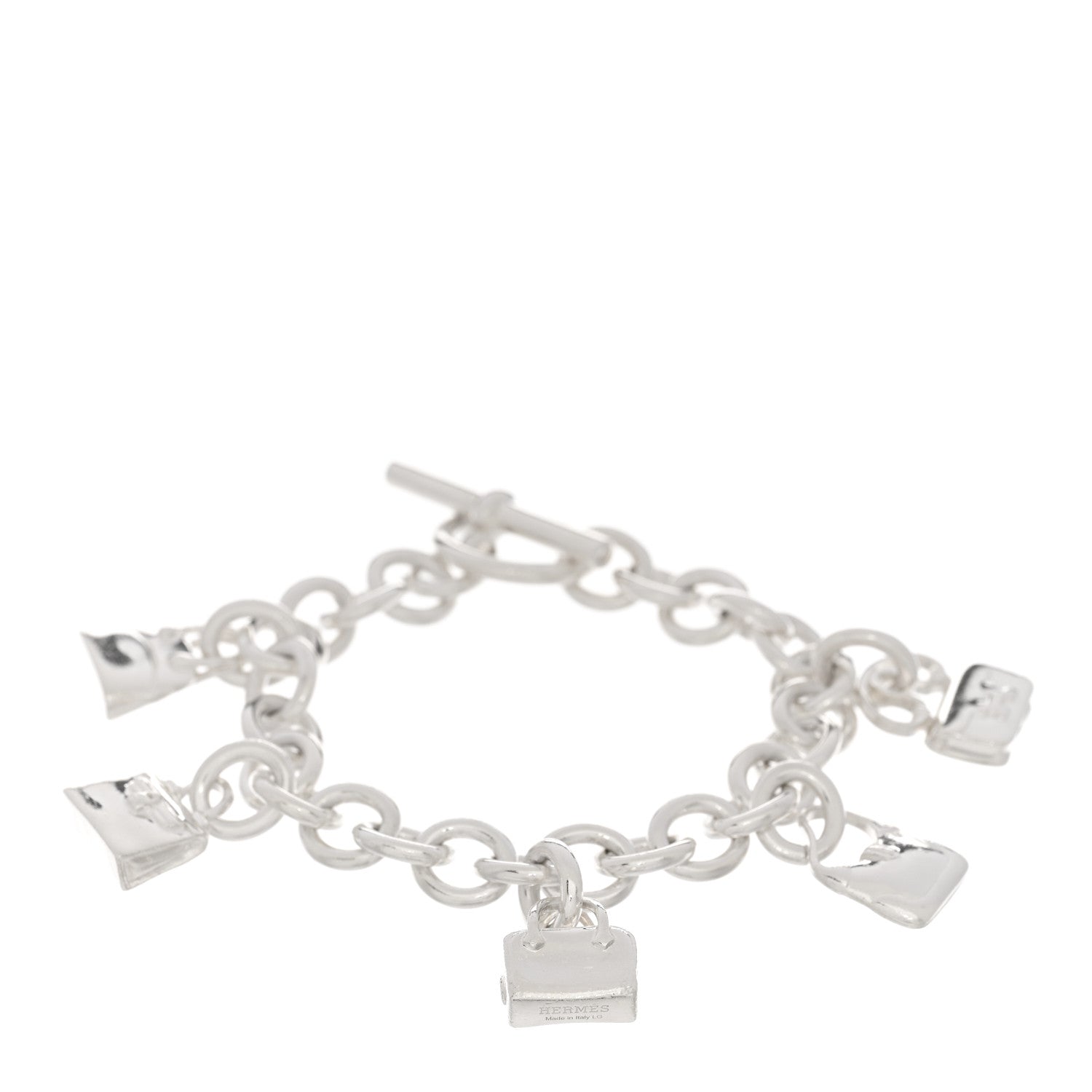 Hermes Sterling Silver Five Bags Amulette Charm Bracelet LG 1 of 4