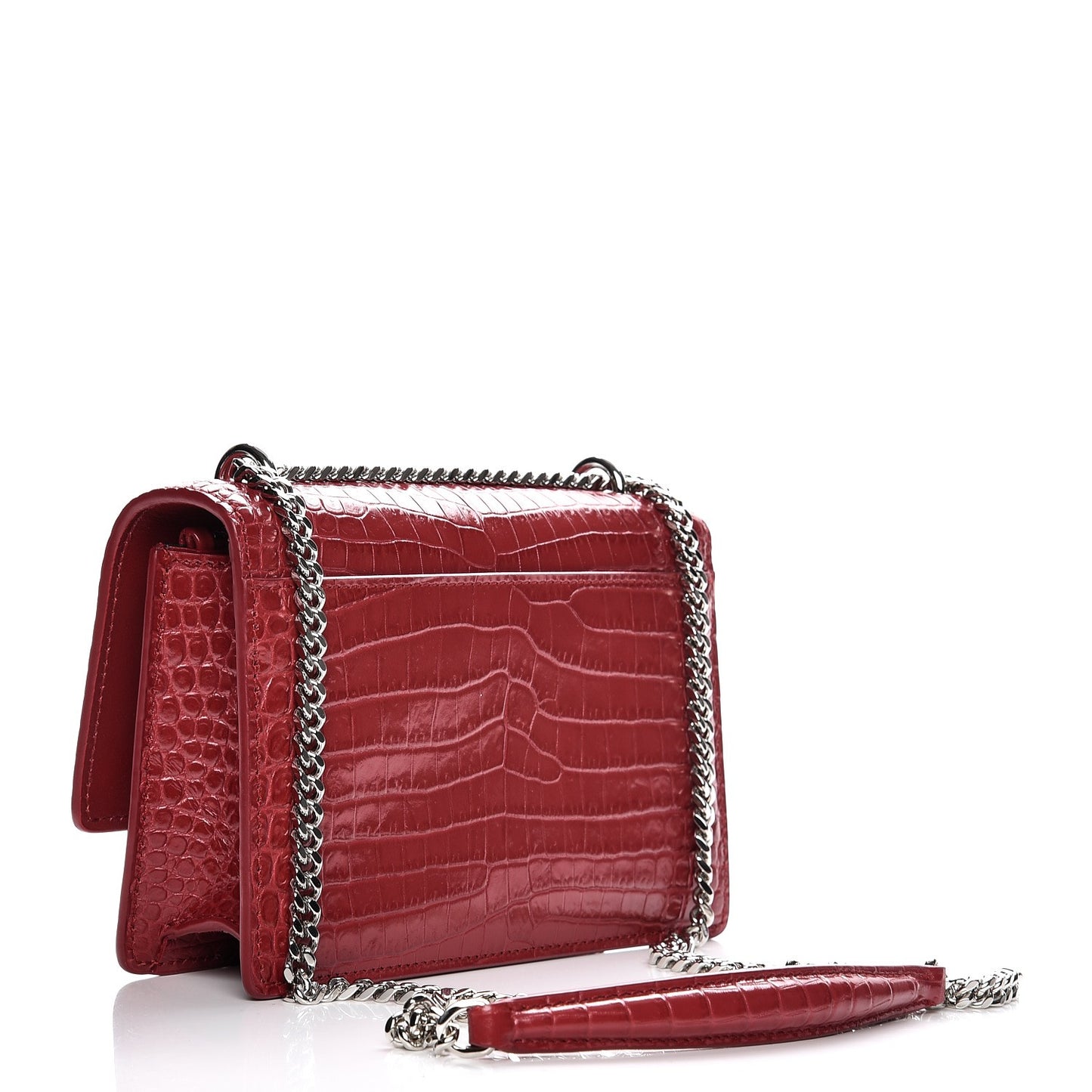 Calfskin Crocodile Embossed Monogram Sunset Chain Wallet New Lipstick Red