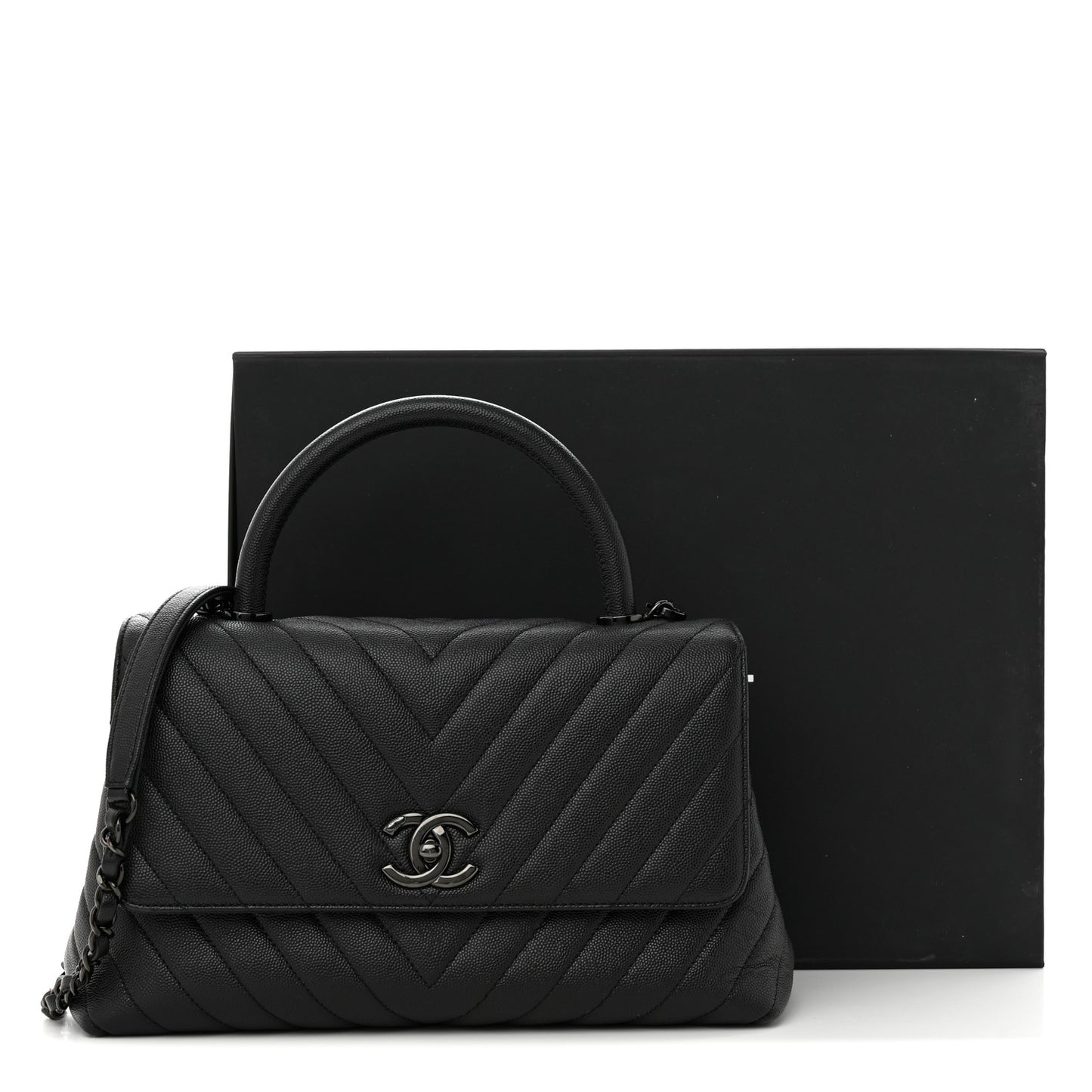 Caviar Chevron Quilted Small Coco Handle Flap So Black
