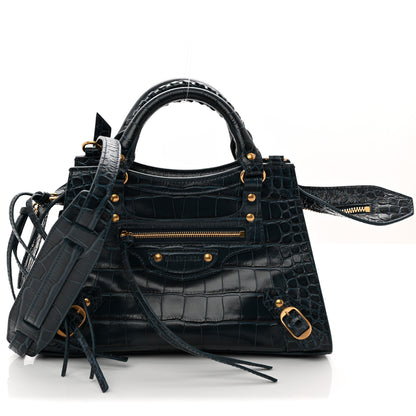 Balenciaga Extra Supple Calfskin Crocodile Embossed Neo Gold Hardware XS City Denim Blue 1 of 9