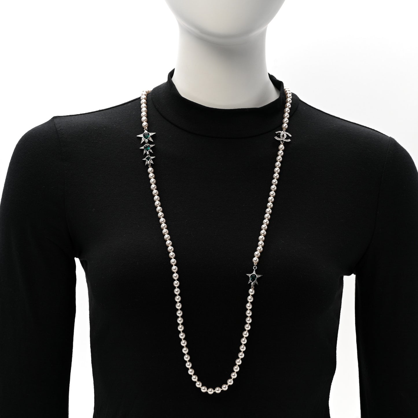 Pearl Star CC Long Necklace Green White Silver