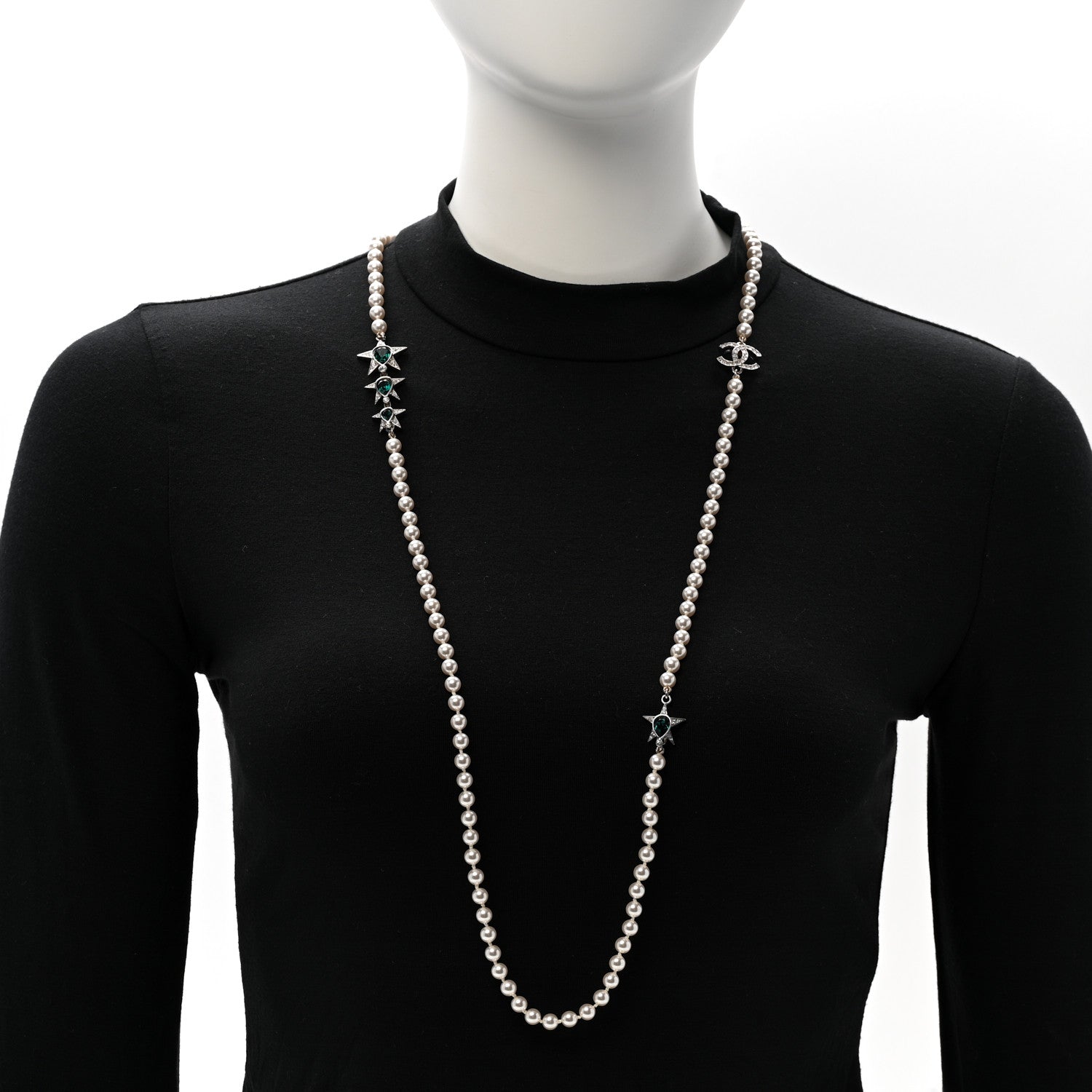 Chanel Pearl Star CC Long Necklace Green White Silver 2 of 6