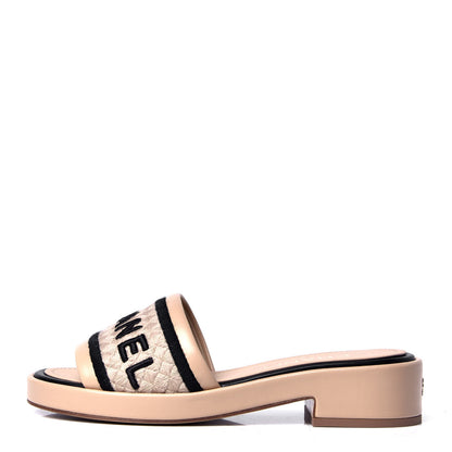 Chanel Lambskin Embroidered Logo Mules 35 Beige Black 1 of 6