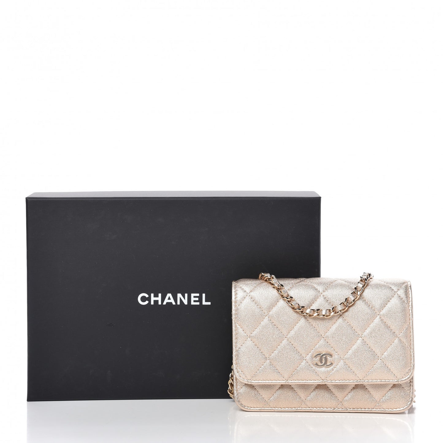 Metallic Lambskin Quilted Mini Wallet On Chain WOC Gold