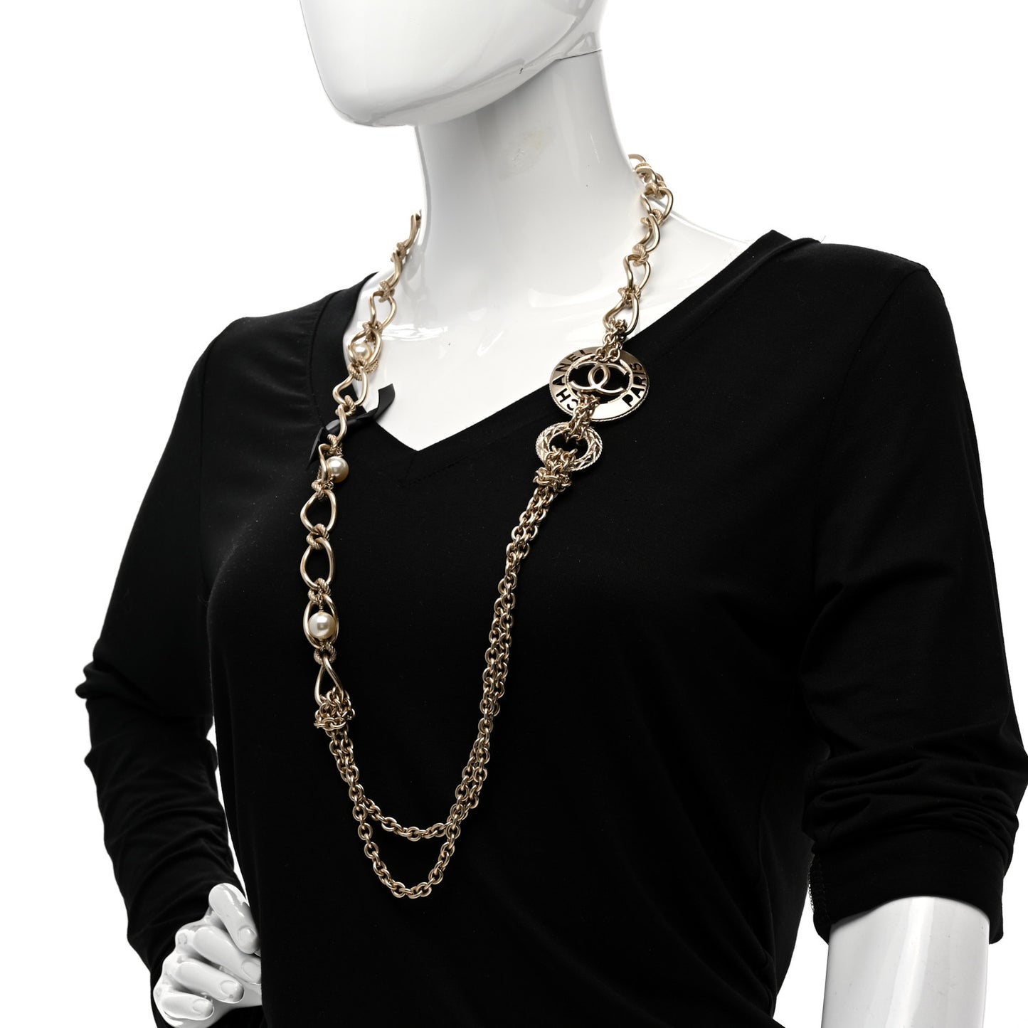 Metal Pearl Chain CC Paris Pendant Long Necklace Light Gold