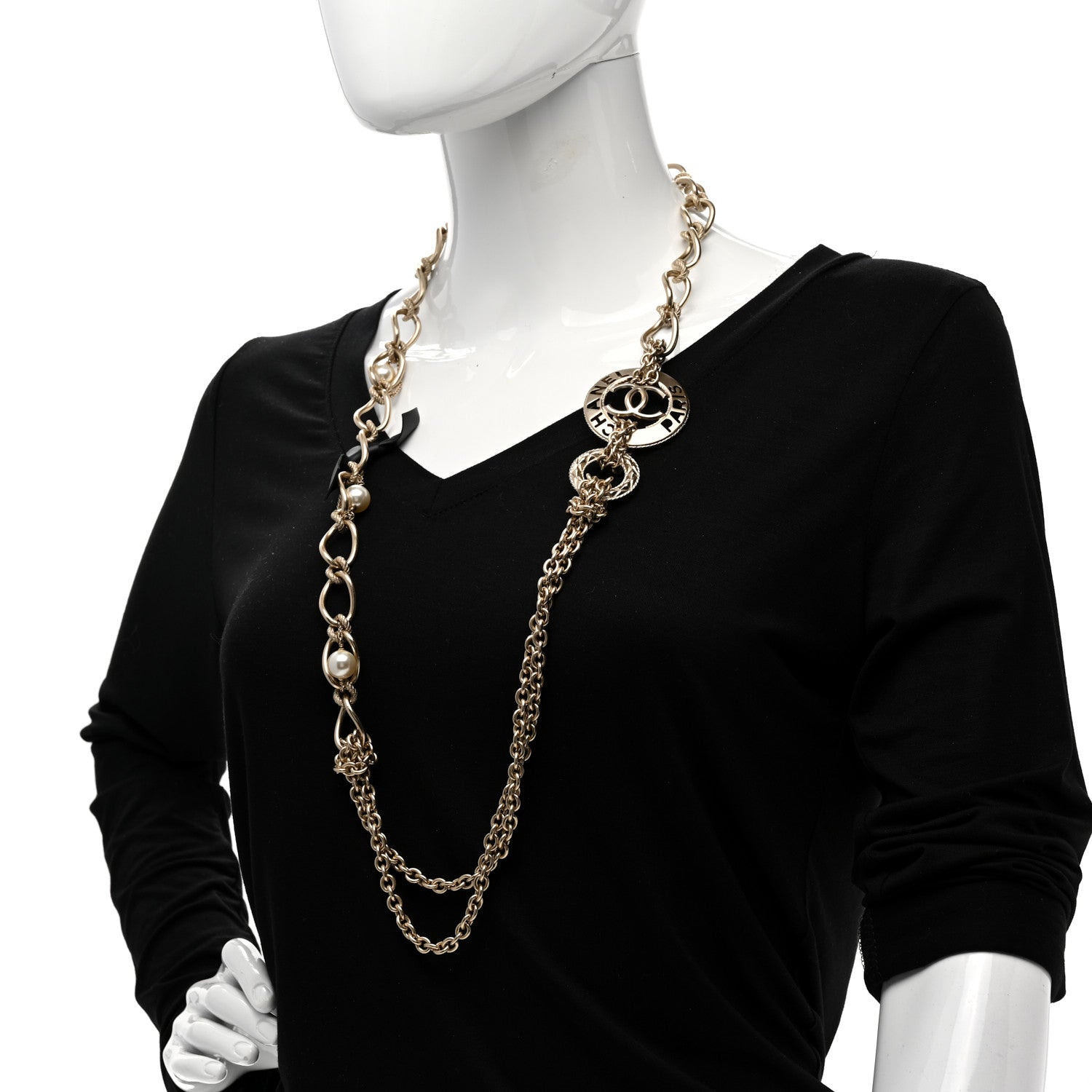 Chanel Metal Pearl Chain CC Paris Pendant Long Necklace Light Gold 2 of 7