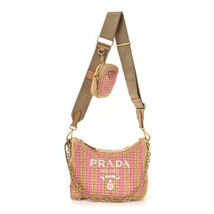 Prada Yarn Raffia Effect Crochet Striped Re-Edition 2005 Shoulder Bag Naturale Petalo 1 of 12