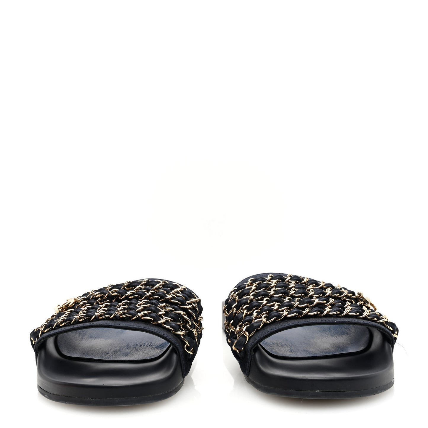 Satin Canvas Chain Slides Sandals Flats 39 Marine