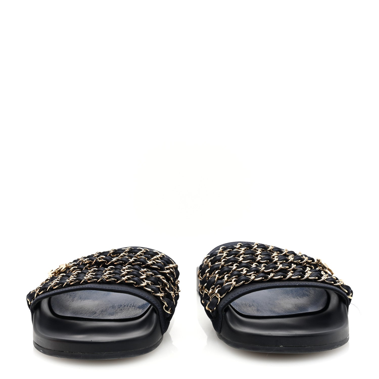 Chanel Satin Canvas Chain Slides Sandals Flats 39 Marine 3 of 8