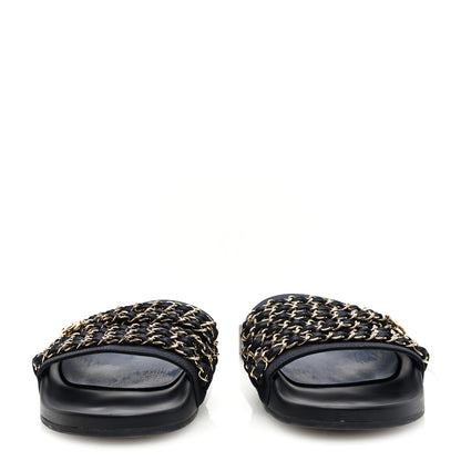Chanel Satin Canvas Chain Slides Sandals Flats 39 Marine 3 of 8