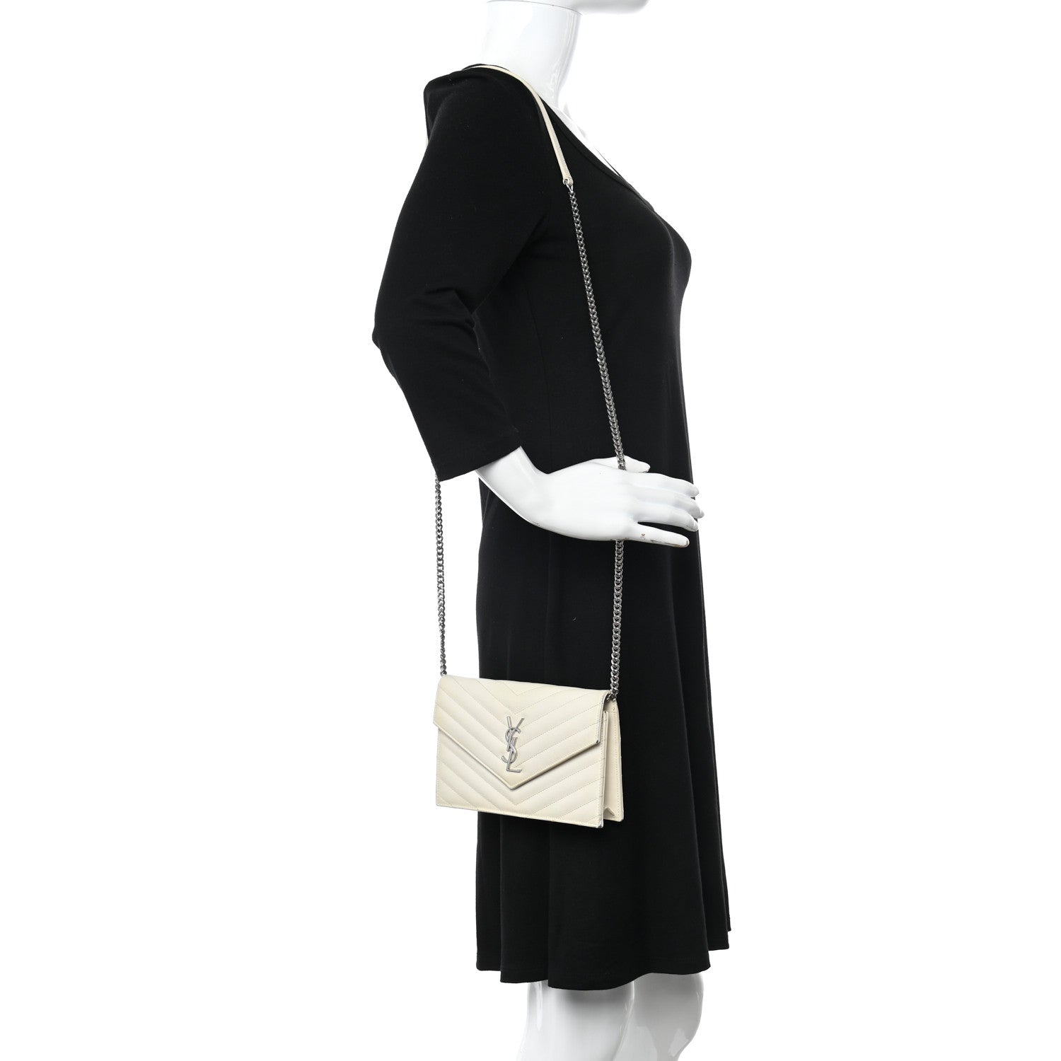 Saint Laurent Grain De Poudre Matelasse Chevron Monogram Envelope Chain Wallet White 2 of 21