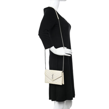 Saint Laurent Grain De Poudre Matelasse Chevron Monogram Envelope Chain Wallet White 2 of 21