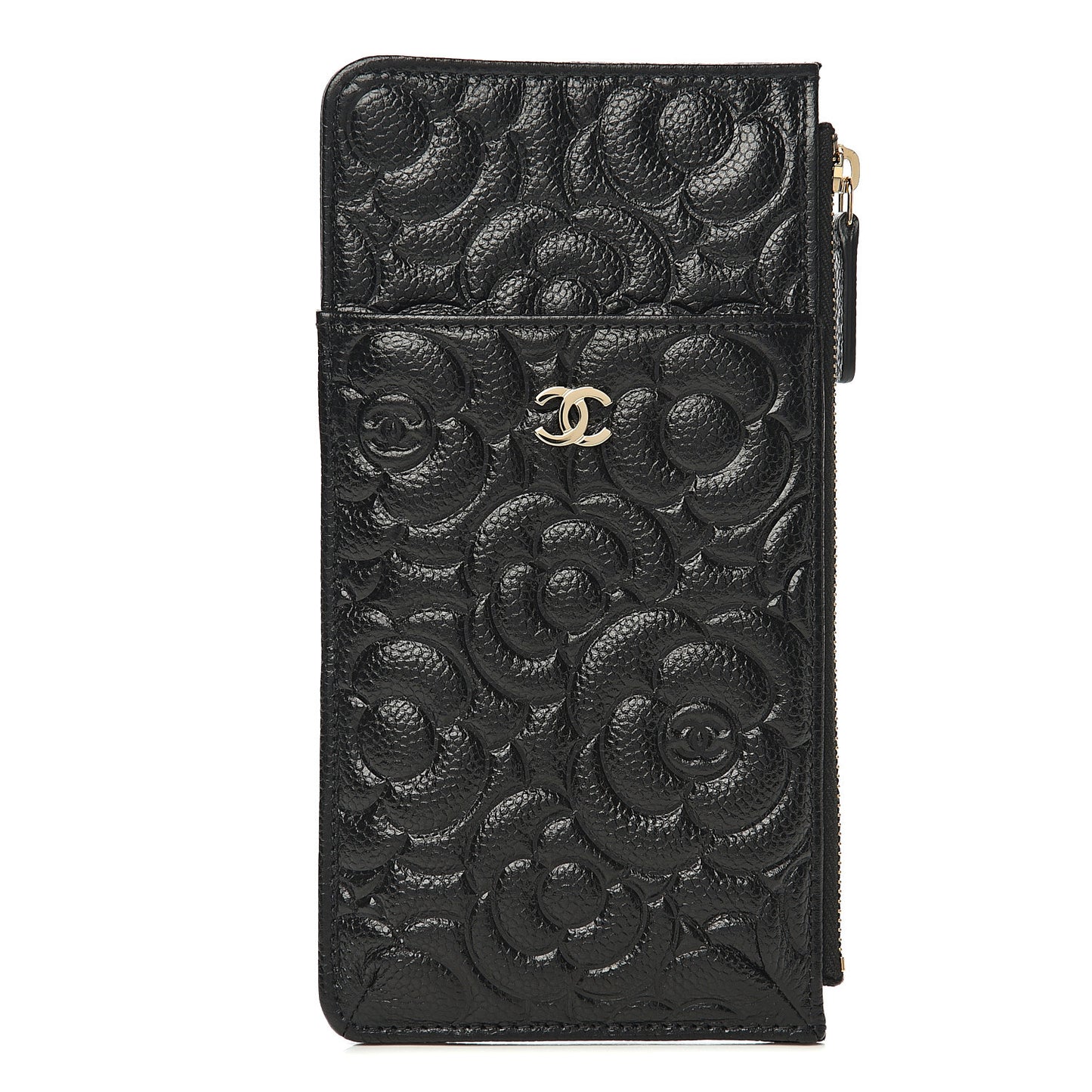 Caviar Camellia Embossed Classic Flat Wallet Pouch Black