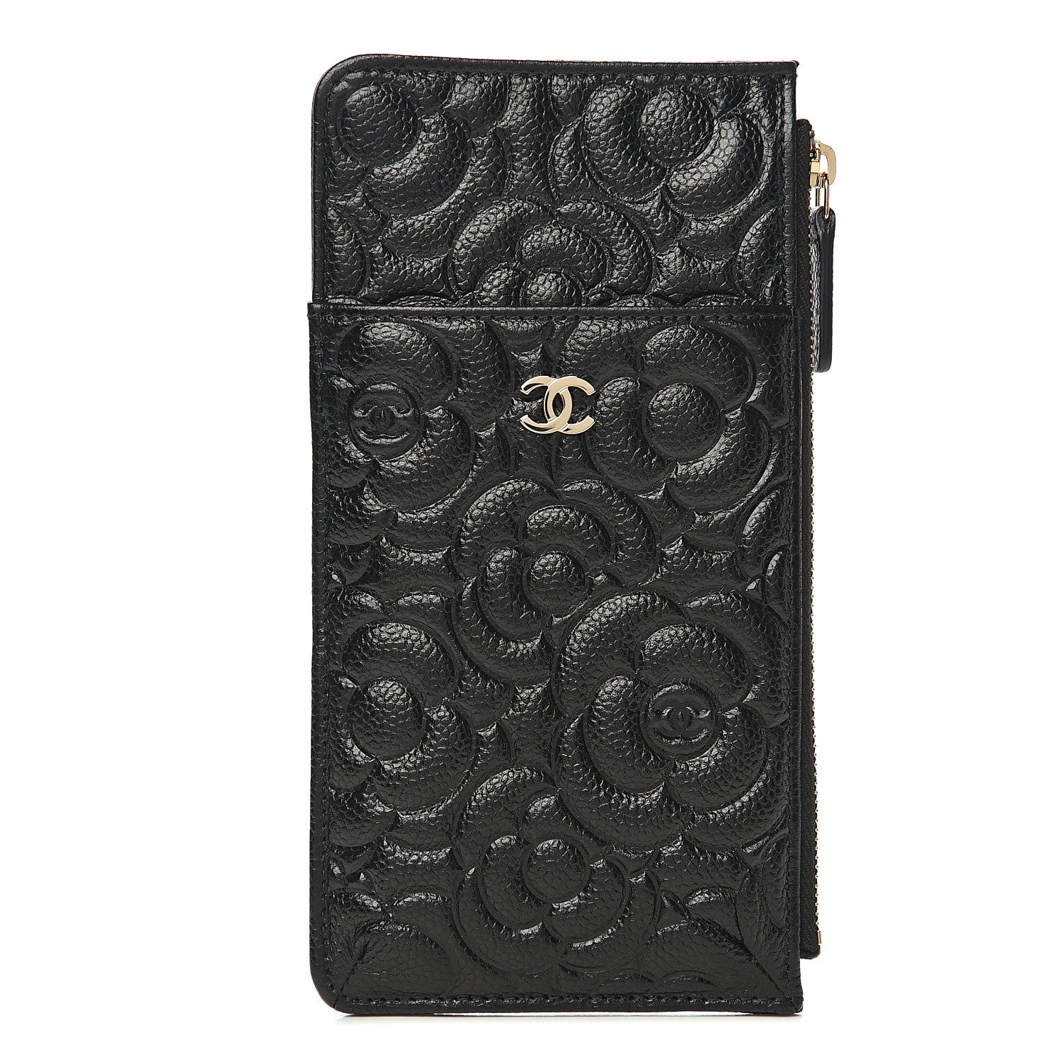 Chanel Caviar Camellia Embossed Classic Flat Wallet Pouch Black 1 of 7