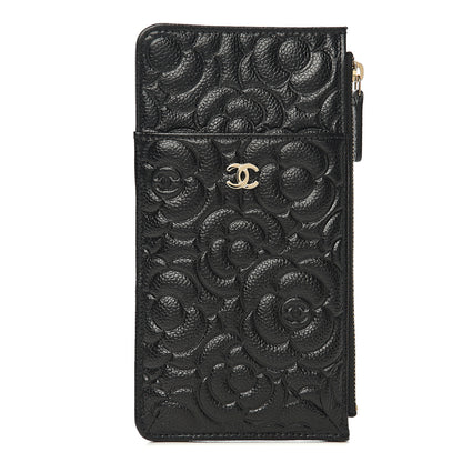 Chanel Caviar Camellia Embossed Classic Flat Wallet Pouch Black 1 of 7