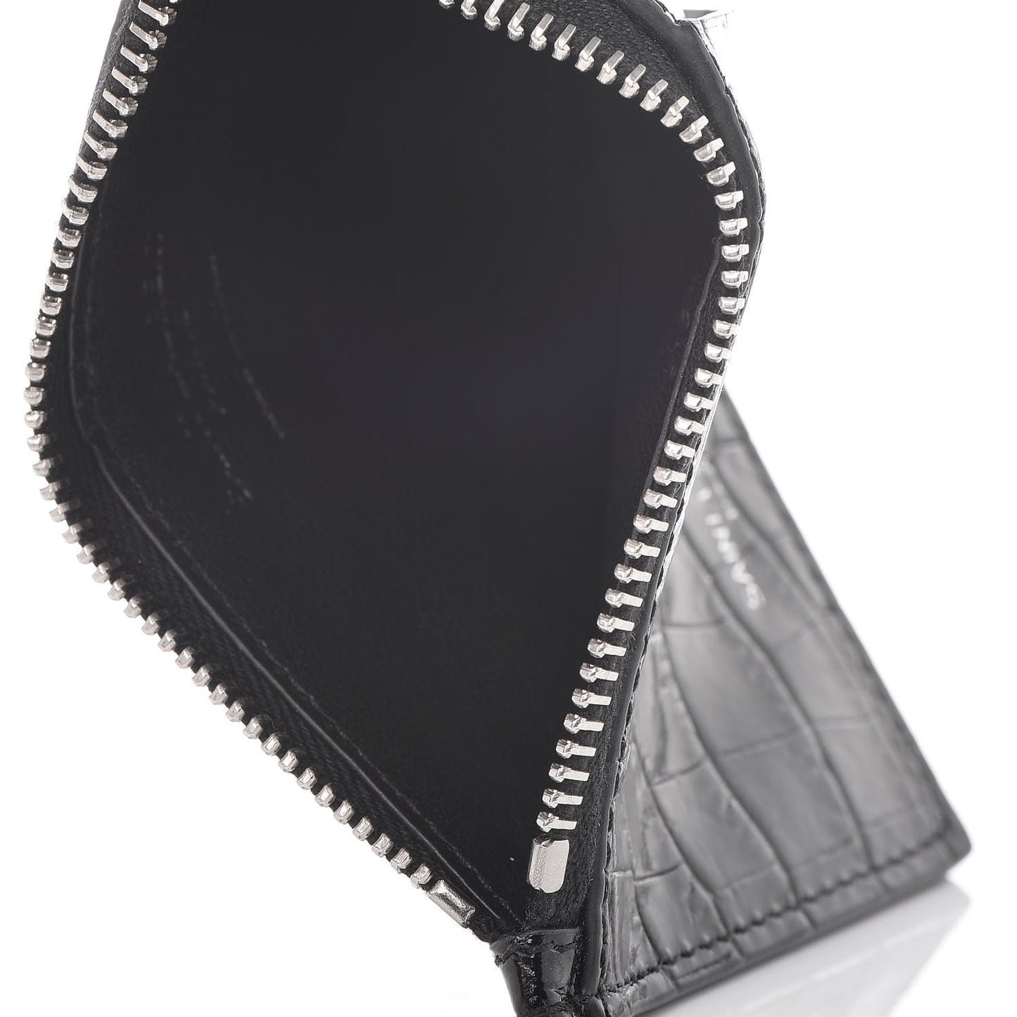 Calfskin Crocodile Embossed 5 Fragments Zip Card Case Black