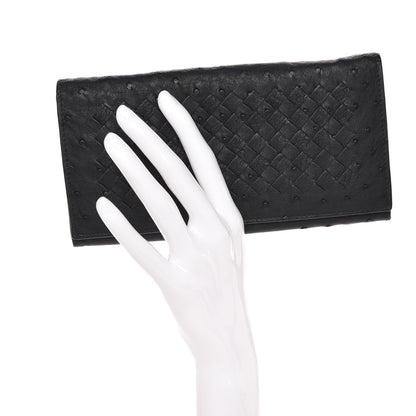 Bottega Veneta Ostrich Intrecciato Flap Wallet Black 2 of 8