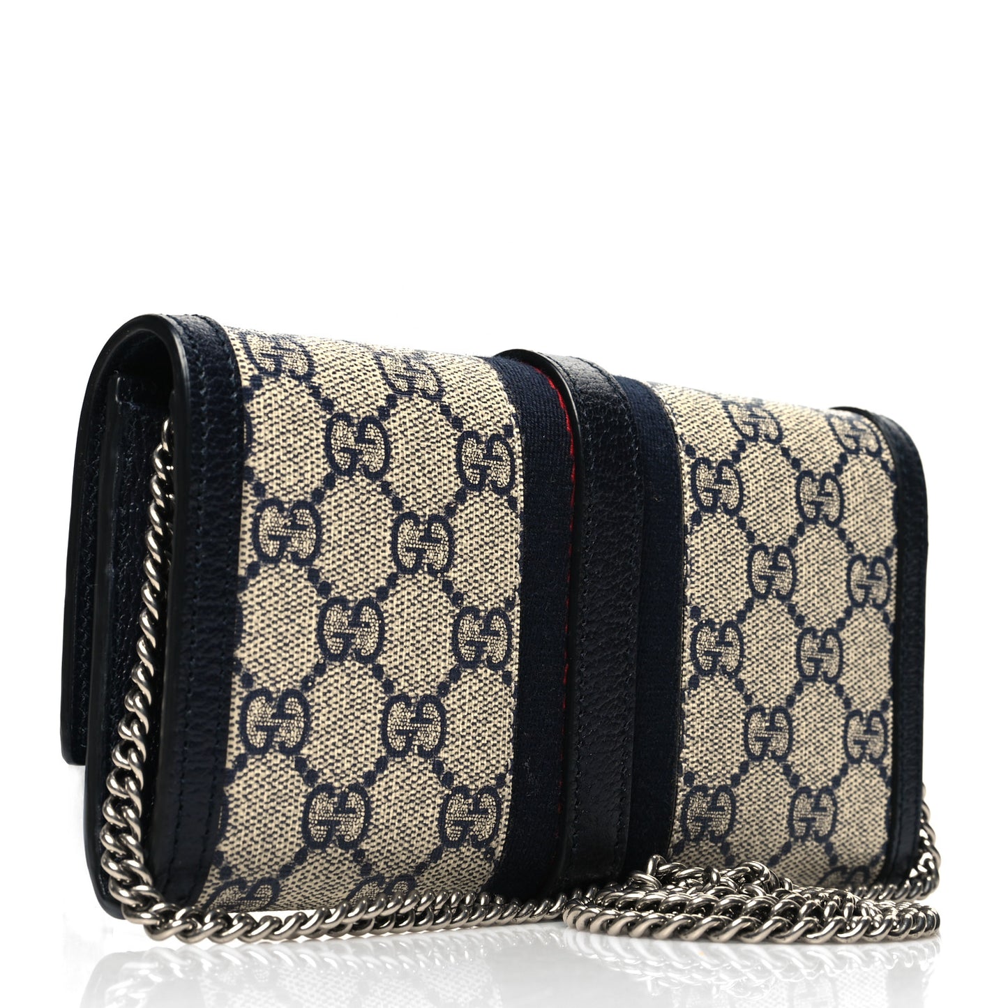 GG Supreme Monogram Textured Dollar Calfskin Web Jackie 1961 Chain Wallet Beige Blue