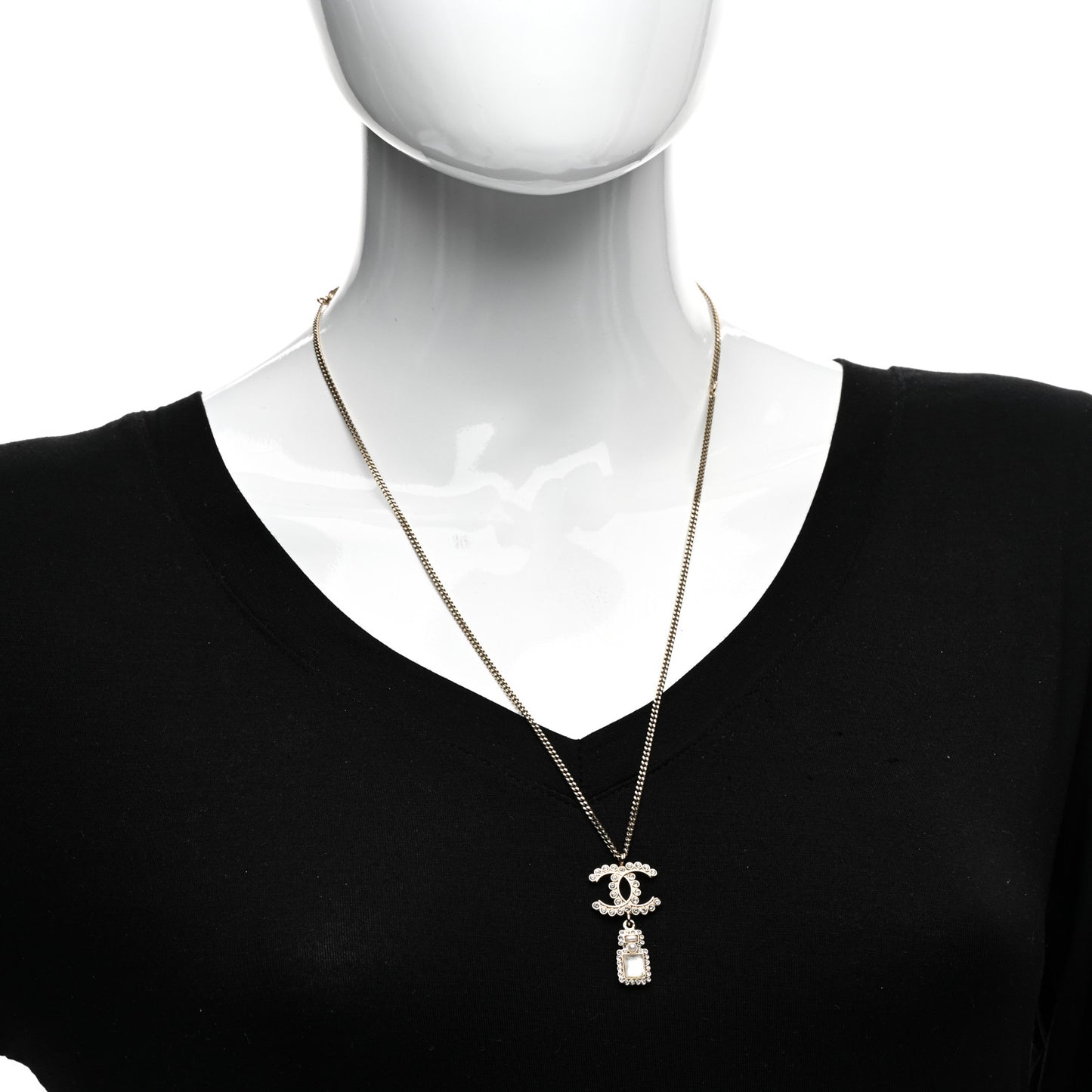 Crystal Pearl CC Perfume Bottle Necklace Pearly White Gold