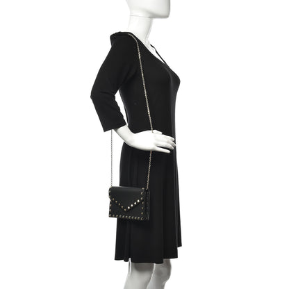 Valentino Garavani Pebbled Calfskin Rockstud Envelope Wallet on Chain Black 2 of 9