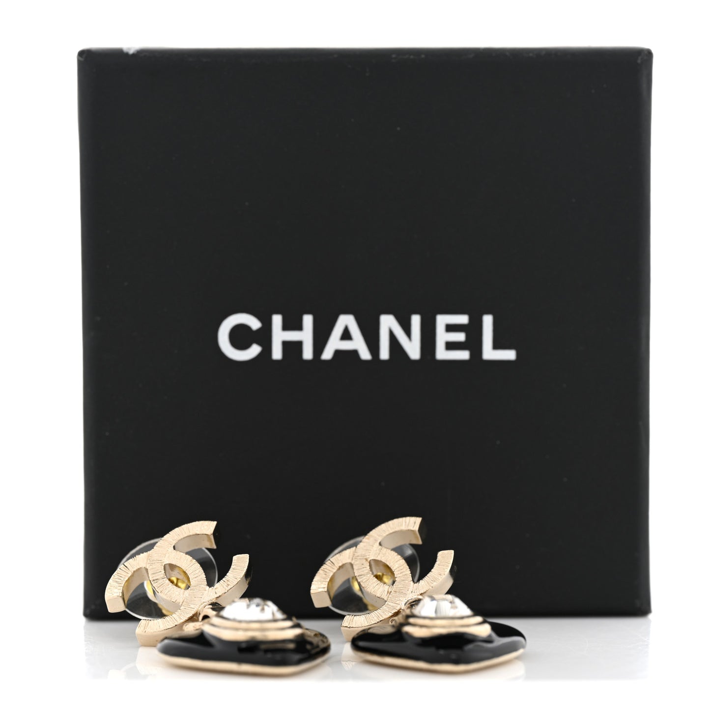 Resin Crystal CC Heart Drop Earrings Black Gold