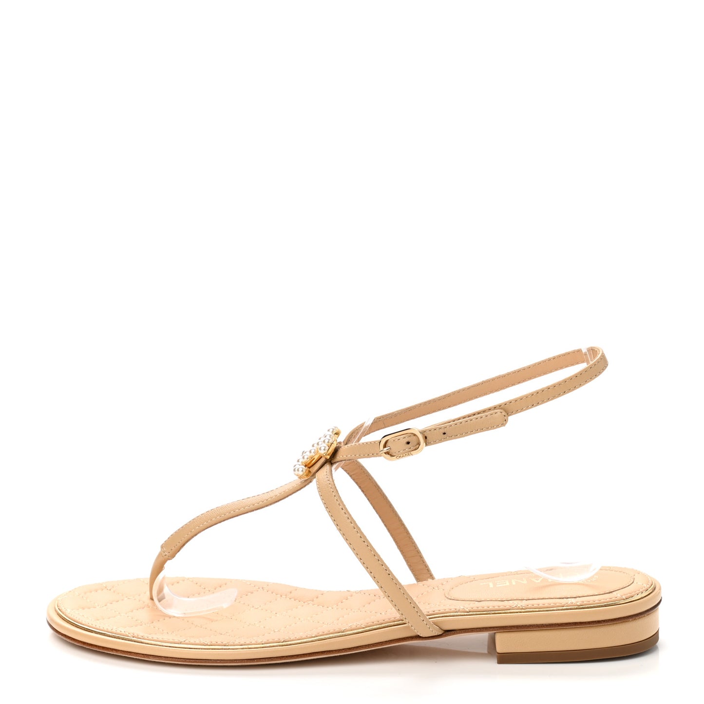 Lambskin Quilted Pearl CC Thong Sandals 38 Beige