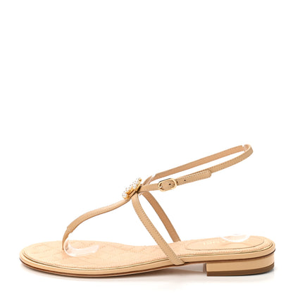 Chanel Lambskin Quilted Pearl CC Thong Sandals 38 Beige 1 of 9