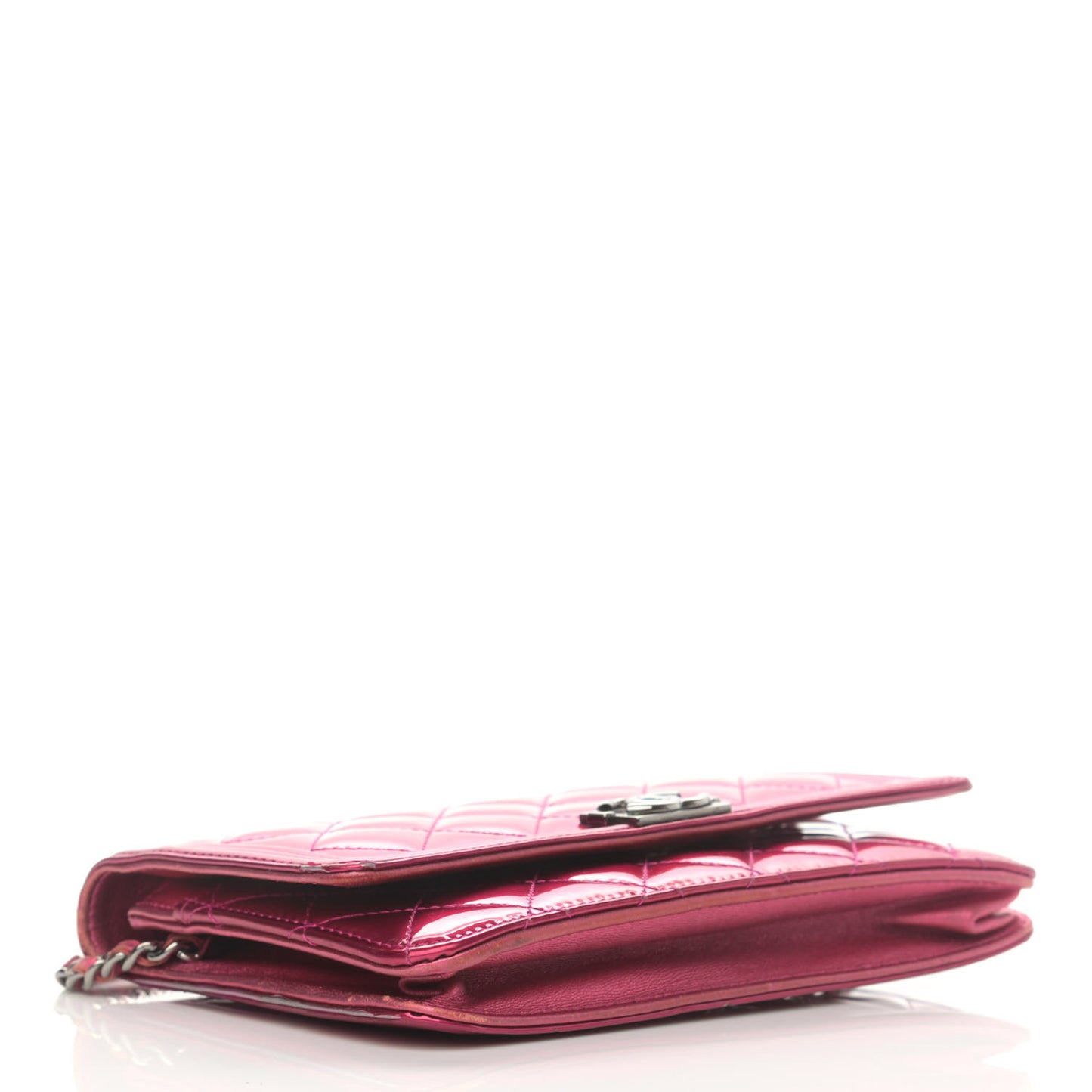 Metallic Patent Calfskin Quilted Boy Wallet On Chain WOC Fuchsia