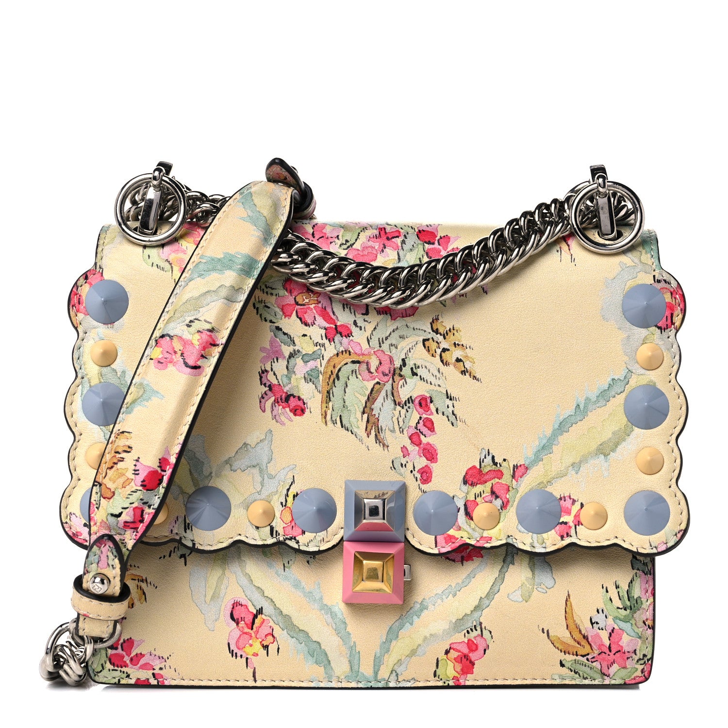 Fendi Vitello Marie Antoinette Print Scalloped Mix Studded Small Kan I Shoulder Bag Panna Multicolor 1 of 13