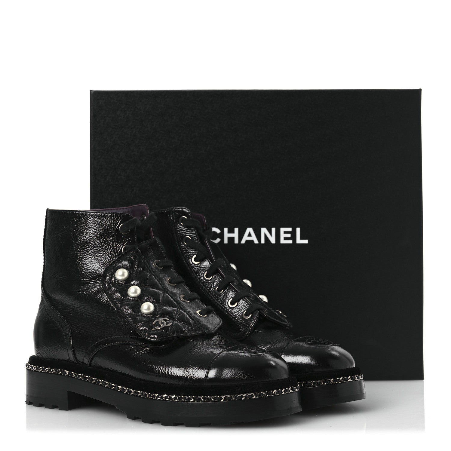 Chanel Crackled Calfskin Velvet Pearl Combat Short Boots 37 Black 11 of 11