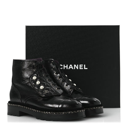 Chanel Crackled Calfskin Velvet Pearl Combat Short Boots 37 Black 11 of 11