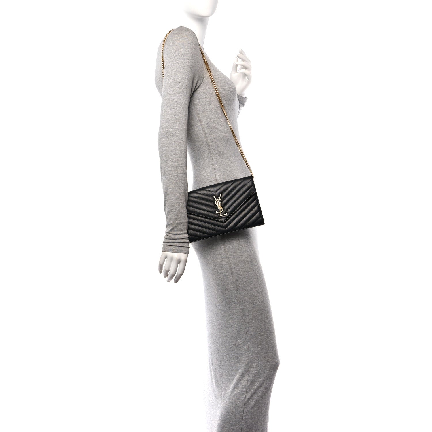 Saint Laurent Grain De Poudre Matelasse Chevron Monogram Chain Wallet Black 2 of 10