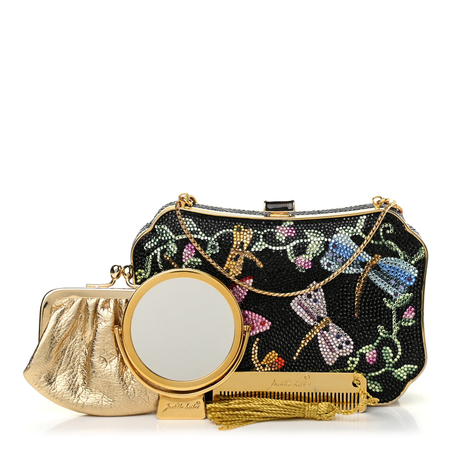 Crystal Dragonfly Minaudiere Clutch Black Gold Multicolor