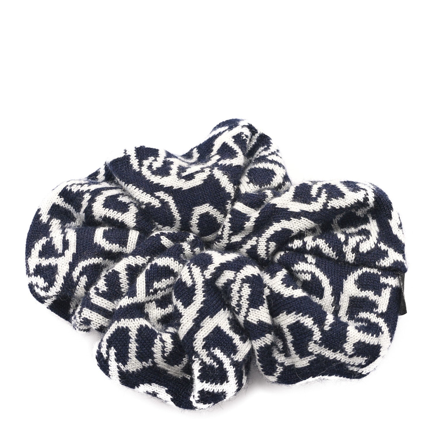 Hermes Jacquard Cashmere Knit Silk Claudia Scrunchie Marine Ecru 1 of 3
